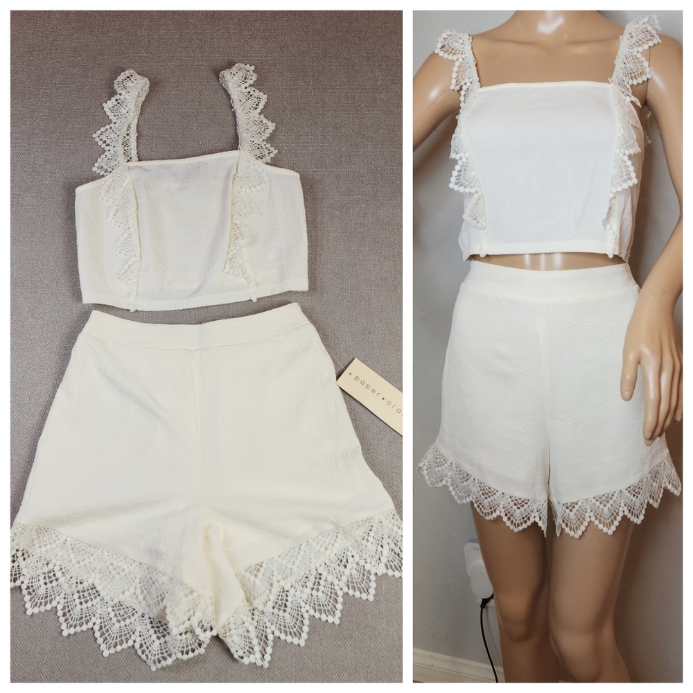 NWT Paper Crane Short Tank Set Off White Lace Jacquard Size XS
